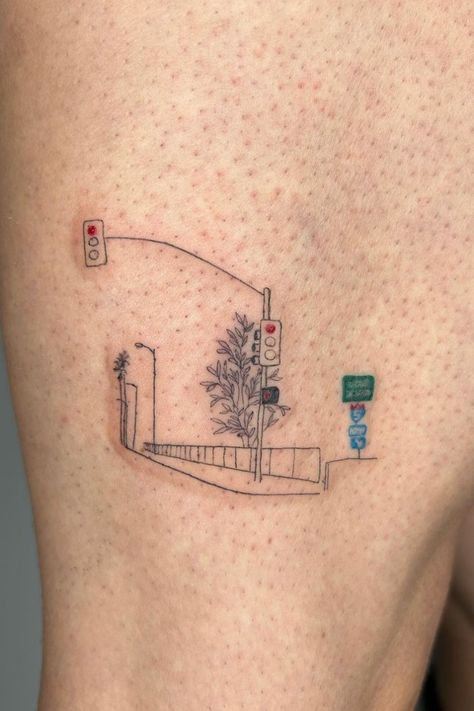 Fineline Landscape Tattoo, Detailed Fine Line Tattoo, View Between Villages Tattoo, Power Line Tattoo, Behind The Knee Tattoo, Paris Tattoo Ideas, Vintage Frame Tattoo, Unique Fine Line Tattoo, Location Tattoo