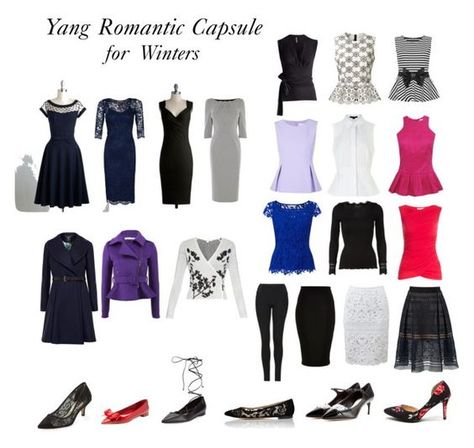 Theatrical Romantic capsule wardrobe. True Winter Romantic, Romantic Outfit Kibbe, Romantic Deep Winter, Deep Winter Romantic Style, Kibbe Romantic Winter Outfits, Winter Romantic Outfits, Theatrical Romantic Winter, Casual Romantic Outfit, Romantic Outfit Summer