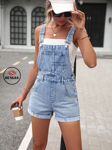 DENGSS Frenchy Roll Up Hem Denim Overall Romper Without Tube Top Barbeque Outfit, Shorts Overalls Outfit, Overalls Outfit Short, Denim Romper Outfit, Overall Shorts Outfit, Denim Overalls Outfit, Jeans Romper, Romper Outfits, Drop Shoulder Coat