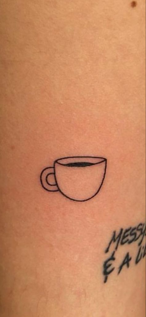 Small Coffee Cup Tattoo Simple, Aesthetic Coffee Tattoo, Fine Line Coffee Cup Tattoo, Coffee Inspired Tattoos, Overflowing Cup Tattoo, Espresso Cup Tattoo, Take It Easy Tattoo, Latte Tattoo, Cup Of Coffee Tattoo