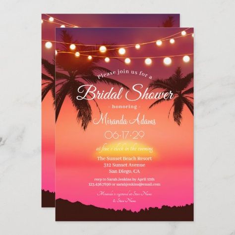 Sunset Party Invitation, Bridal Shower Tropical, Unique String Lights, Sea Gender, Sunset Theme, Beach Bridal Shower Invitations, Tropical Bridal Shower Invitations, Beach Party Invitations, Sunset Party