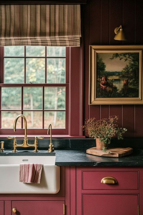 22 Stunning Kitchen Color Scheme Ideas (Warm, Neutral,...) - H.M.G Victorian Kitchen Colour Schemes, Red Kitchen Color Scheme, Rustic Red Sherwin Williams, Maroon Cabinets, Kitchen Color Scheme Ideas, Popular Kitchen Cabinet Colors, Maroon Kitchen, Teen Bedroom Organization, Kitchen Color Scheme