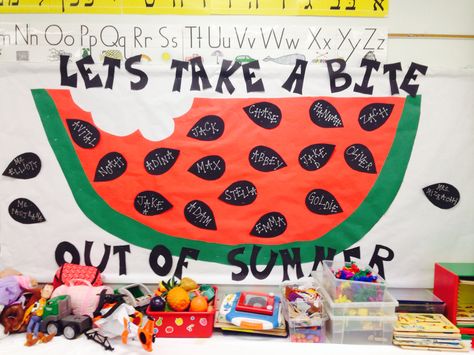 Summer watermelon board Summer Bulletin Board Ideas Preschool, June Bulletin Board Ideas, Watermelon Bulletin Board, June Bulletin Board, Summer Bulletin Board Ideas, Kindergarten Classroom Themes, Summer Bulletin Board, Bulletin Boards Theme, Summer Bulletin Boards