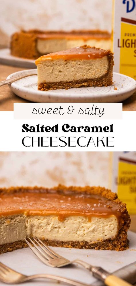 This baked salted caramel cheesecake is the best cheesecake recipe for caramel lovers! It has a buttery graham cracker crust and a creamy cheesecake filling with homemade salted caramel sauce swirled in the batter and drizzled on top with plenty of flaky sea salt. Sea Salt Caramel Cheesecake Recipe, Best Caramel Dessert Recipes, 3 Layer Cheesecake, Salty Caramel Cheesecake, Easy Salted Caramel Cheesecake, English Toffee Cheesecake, Coffee Caramel Cheesecake, Sea Salt Caramel Cheesecake, Salted Caramel Pumpkin Cheesecake