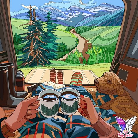 Campsite Drawing, Camping Digital Art, Camping Scene Painting, Fantasy Campsite Art, Couple Camping Drawing, Vw Buzz, Personajes Studio Ghibli, Vw Art, Adventure Design