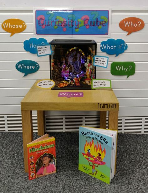 my cuiosity cube will showcase a variety of items to provoke. Here it contains items to generate talk about Diwali Rama And Sita Eyfs Activities, Curiosity Cube Eyfs Ideas, Diwali Eyfs, Curiosity Approach Eyfs, Early Years Ideas, Investigation Area, Colouring Activities, Year 1 Classroom, Curiosity Box