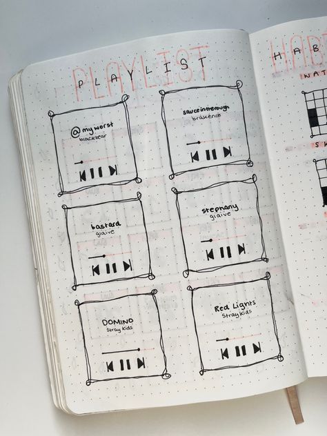 Monthly Playlist Bullet Journal, Bujo Playlist, August Playlist, Playlist Bullet Journal, Monthly Playlist, Journal August, Bullet Journal August, Bullet Journal Spreads, Journal Spreads