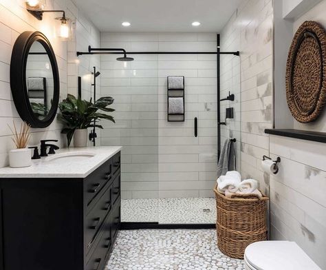 7+ Coastal Black and White Bathroom Ideas for a Breezy Feel • 333+ Inspiring Lifestyle Ideas Black White Boho Bathroom, Black White And Tan Bathroom Ideas, Black Coastal Bathroom, Black Grey And White Bathroom Ideas, Small Full Bathroom Ideas Black And White, Black And White Spa Bathroom, White And Black Bathrooms, Black And White Subway Tile Bathroom, Beige And Black Bathroom Ideas