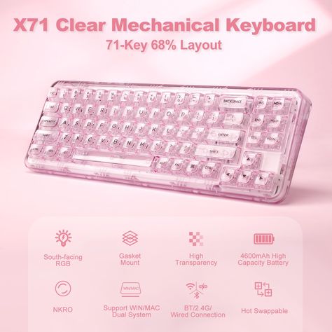 YUNZII X71 Wireless Hot Swappable Transparent Mechanical Keyboard with Clear Keycaps, 68% Layout, BT5.0/2.4G/USB-C Gasket Mount Wireless RGB Gaming Keyboard for Windows/Mac(Crystal Ice Switch,Pink) : Amazon.ca: Video Games Pink Amazon, Crystal Ice, Electronic Musical Instruments, Video Games Pc, Business Video, Car Speakers, Gaming Keyboard, Mechanical Keyboard, Wearable Technology