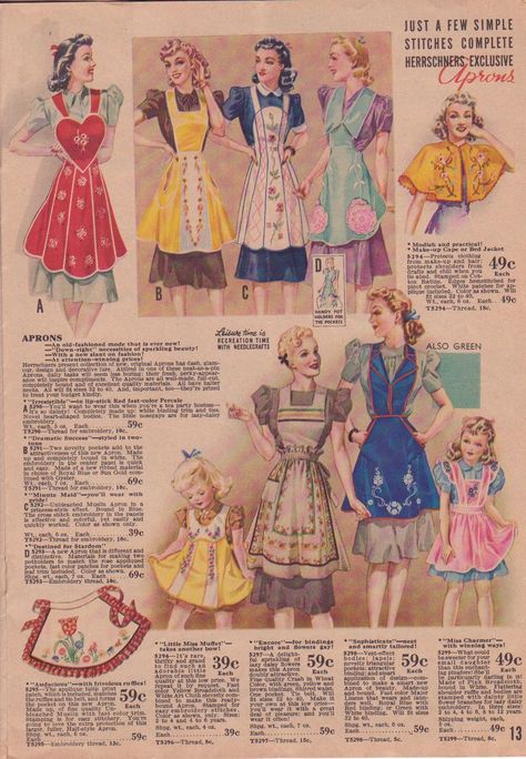 1941 ready made aprons Herrschner catalog (I love the sweet little yellow child's apron) Vintage Apron, Vintage Sewing Patterns Apron, Vintage Aprons 50's, 1940s Apron, Vintage Half Apron Pattern, Kids Retro Apron Pattern, Retro Apron Patterns Eclectic, 60s Apron, Yellow Apron