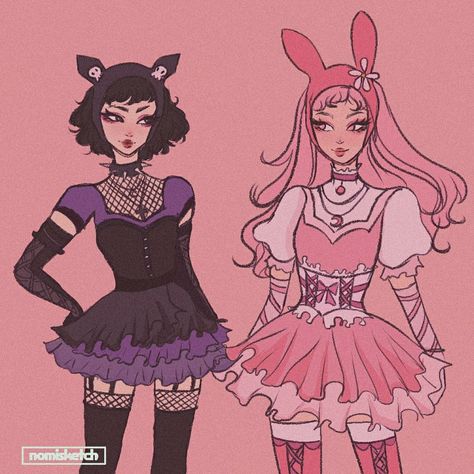 My melody and kuromi aesthetic Kuromi And My Melody Clothes, My Melody And Kuromi Outfit Aesthetic, Sanrio Outfits Kuromi, Kuromi Costume Halloween, Kuromi And My Melody Halloween Costumes, My Melody Costume Ideas, Kuromi And My Melody Outfits, Melody And Kuromi Outfit, My Melody Human Fanart