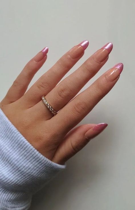 Sparkle Pink French Tip Nails, Shimmery French Tip Nails, Chrome Pink French Tip Nails, Sparkly Pink French Tips, Pink Sparkle French Tip Nails, Pink Chrome Nails French Tip, Pink Sparkly French Tip Nails, Pink Chrome French Tip, Pink Chrome French Tip Nails