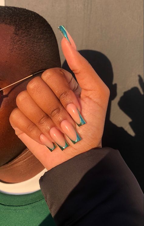 Fall nail | Green nails | french tip Almond Green Nails French, Green French Manicure Nails, Chrome Green French Tip Nails, Emerald Green French Tips, Green Chrome French Tip Nails, Forest Green Nail Ideas, Emerald Green French Tip Nails, Green Nails French Tip, Dark Green French Tip Nails