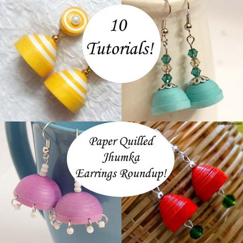 10 Ways to Make Paper Quilled Jhumka Earrings - a Roundup of Tutorials! Quilling Earrings Jhumkas, Quilled Jhumkas, Umbrella Earrings, Quilling Jewellery, Quilling Supplies, Paper Quilling Earrings, Quilled Earrings, Paper Quilling Tutorial, Jewels Diy