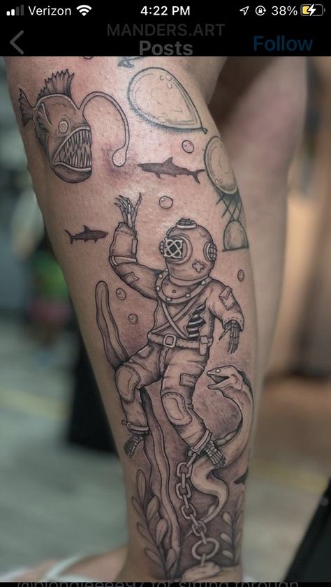 Bottom Of The Ocean Tattoo, Sea Themed Tattoo Sleeve, Underwater Scene Tattoo, Aquatic Leg Sleeve Tattoo, Ocean Leg Tattoo, Deep Sea Tattoo, Under Water Tattoo, Under The Sea Tattoo Ideas, Under The Sea Tattoo