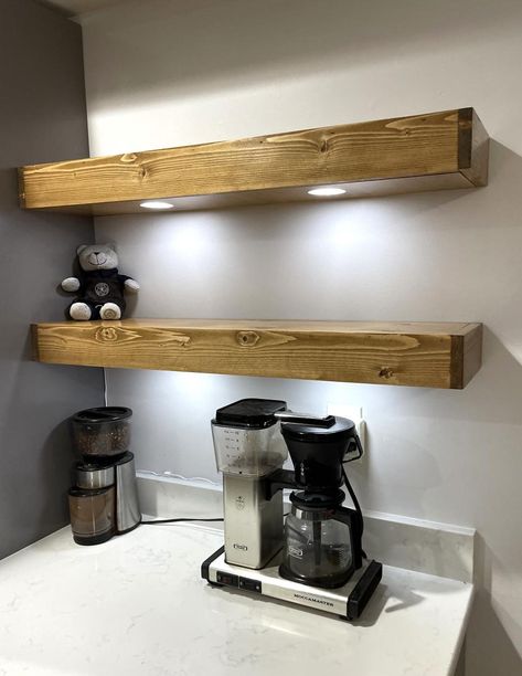 Lights Above Floating Shelves Living Room, Diy Floating Shelves With Lights, Kitchen Shelf Lighting, Floating Shelf Lighting, Above Kitchen Sink Ideas, Shelves With Lighting, Shelves With Lights, Light Above Kitchen Sink, Shelving Lighting