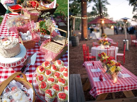 Country table with red and white checkered table cloth. Picnic Themed Parties, Picnic Baby Showers, Picnic Birthday Party, Picnic Theme, Picnic Inspiration, Bear Picnic, Picnic Birthday, Decor Ikea, Outdoor Eating