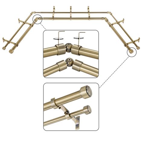 PRICES MAY VARY. Double Curtain Rod for Bay Windows 3 Sided - Double curtain rods can be used to match two colors or two different styles of curtains to increase the visual interest and appeal of the window area.1-Inches front rod in is perfect for hanging room darkening or blackout curtain panels and 5/8 Inches back rod is ideal for hanging sheer panels. Rust Protection and Easy Installation - Mayrhyme antique bronze double curtain rods for bay windows feature a zinc alloy connector design with Faux Bay Window, Bay Window With Curtains, Curtains For Bay Window In Living Room, Double Window Curtain Ideas, Curtain Rods For Bay Windows, Curtain Ideas For Bay Windows, Curtains Bay Window, Bay Window Curtain Rods, Curved Curtain