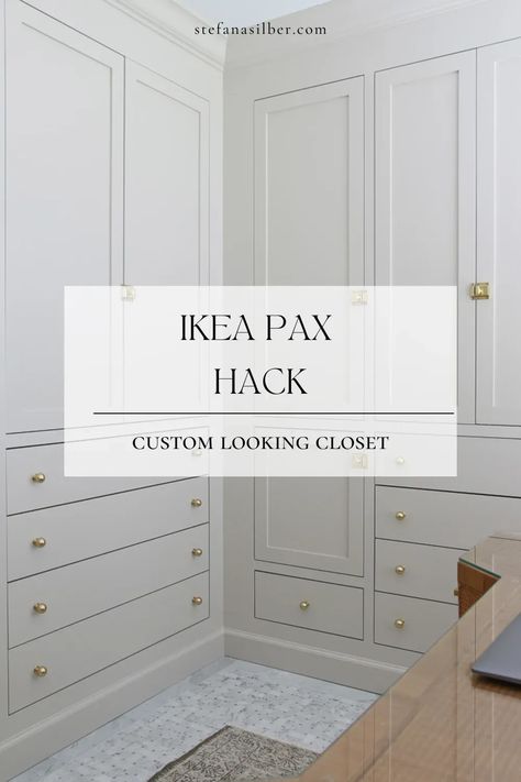 IKEA Pax Hack for Builtin Closet Look - Stefana Silber Ikea Decor Hacks, Walk In Closet Ikea, Pax Hack, Ikea Pax Hack, Ikea Pax Closet, Pax Closet, Closet Ikea, Ikea Built In, Ikea Desk Hack