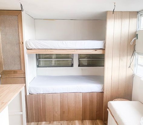 Caravan bunk beds - @themaggieproject added bunks so that they would appeal to families, whether hiring this caravan or buying it. #caravanbunkbeds #caravanbunks #RVbunks Caravan Bunks Ideas, Caravan Renovation Bunks, Family Caravan Renovation, Minivan Interior, Caravan Bed, Caravan Bunk Beds, Caravan Bunks, Caravan Renovation Diy, Bed Divider