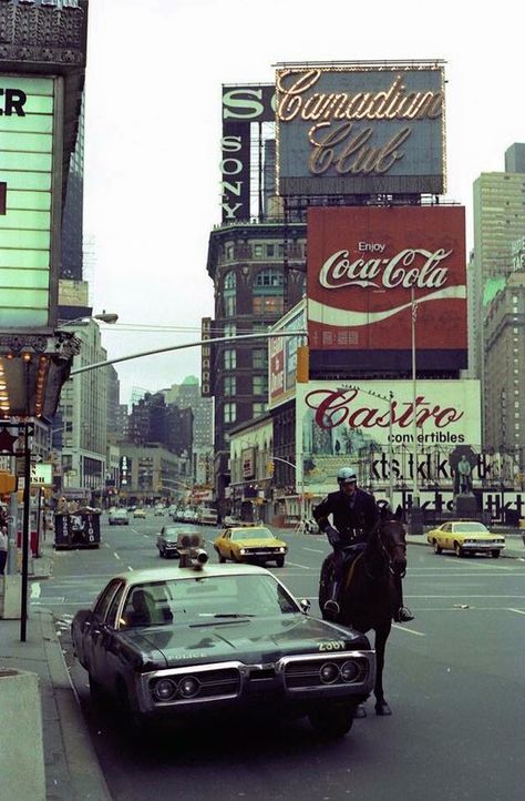 Times Square 1974 Nypd Vehicles, Nyc 1970s, Americana Aesthetic, Nyc History, Auto Poster, Police Vehicles, 80s Aesthetic, New York Aesthetic, Vintage New York