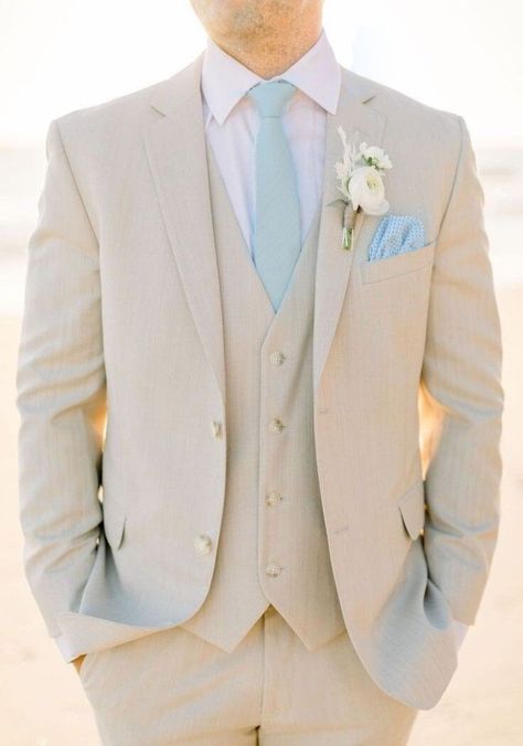 Wedding Suits Groom Beach, White And Light Blue Tuxedo, Cream And Blue Wedding Suits, Cream And Blue Suits For Men, Suits For Spring Wedding, Groom Attire Light Blue, Groom Suit Blue Light, Pale Blue Groomsmen Suits, Tan Wedding Suits With Blue