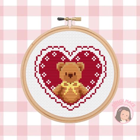 Love you Beary much! PDF Pattern - Instant Digital Download: ✿ PDF Includes ✿:  - Color Symbol Chart - Black & White Symbol Chart - DMC Thread Chart ✿ PDF Details ✿: - Beginner friendly :)  - Full Stitches only  - 9 colors - Stitch size: 49 x 44 - 14 ct aida - 3.5 in wide X 3.14 in high - 16 ct aida - 3.06 in wide X 2.75 in high - Don't forget to include extra fabric for ample spacing around stitches ✿ Follow me on Instagram to stay up-to-date on new pattern releases @stitch.mace ✿ If you have a Goldendoodle Cross Stitch, Cross Stitch Back Stitch, Cross Stitch Kawaii Pattern, My Melody Cross Stitch, Cross Stitch For Boyfriend, Bow Cross Stitch, Pixel Cross Stitch Patterns, Valentine Cross Stitch Patterns Free, Cross Stitch Baby Patterns