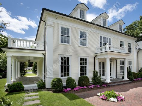 Columns, railings and dentil moulding give this Federal style home it's stately charm. Federal Homes Exterior, Exterior Dentil Molding, Dentil Moulding Exterior, Garrison Colonial Exterior, Colonial Exterior Remodel, House Trim Exterior, Entry Designs, Garrison Colonial, Fiberglass Columns