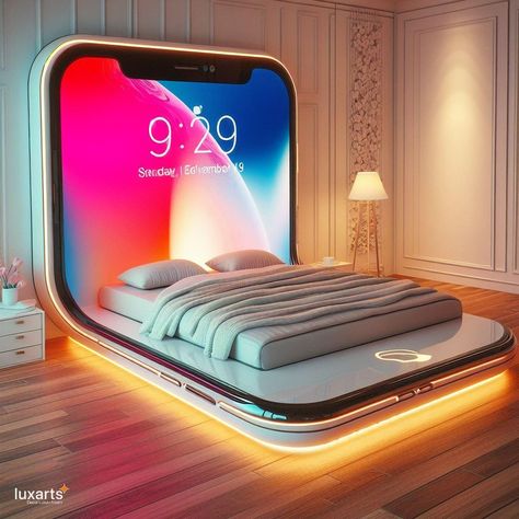 iPhone-shaped Bed 📱🛏️✨ #iPhoneBed #TechInspired #ModernComfort Embrace the digital age even in your dreams with the iPhone-shaped Bed. This innovative bed design mimics the iconic shape of the iPhone, offering a sleek and modern sleeping experience. Crafted with comfort and style in mind, it combines the latest in technology with luxurious bedding materials for a truly unique bedroom centerpiece. https://luxarts.net/iphone-inspired-bed/ Creative Beds, Weird Furniture, Amazing Bedroom Designs, Dream Bedroom Inspiration, Kids Room Interior Design, Creative Car, Boy Bedroom Design, Futuristic Furniture, Tv Design