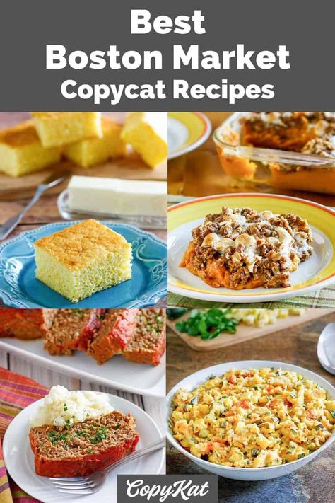 If you're a fan of Boston Market and want to recreate their famous dishes at home, you're in luck! You can make delicious entrees, side dishes, and more that taste just like the real thing. From sweet potato casserole, creamed spinach, meatloaf, chicken, ribs to cornbread and dessert, These Boston Market copycat recipes are sure to be a favorite. Boston Market Copycat Recipes, Boston Market Recipes, Boston Market Chicken Recipe, Boston Recipes, Copycat Recipes Restaurant, Boston Market Chicken, Boston Market Cornbread, Meatloaf Chicken, Spinach Meatloaf