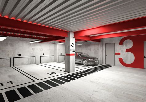 Modern Parking Design by Shirin Moshiri Parking Garage Signage Design, Parking Interior Design Modern, Modern Parking Garage, Modern Parking Design, Garage Parking, Parking Wall Design, Parking Space Design, Carpark Design, Parking Interior Design