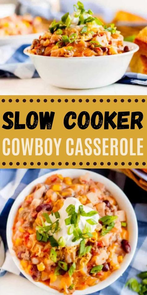 Crockpot Cowboy Casserole (& VIDEO) - BEST Cowboy Casserole Recipe Slow Cooker Cowboy Potato Casserole, Crock Pot Casserole Recipes, Casserole Recipe Healthy, Crockpot Cowboy Casserole, Super Easy Crockpot Recipes, Cowboy Casserole Recipe, Crockpot Dump Recipes, Recipe Healthy Dinner, Dump Recipes