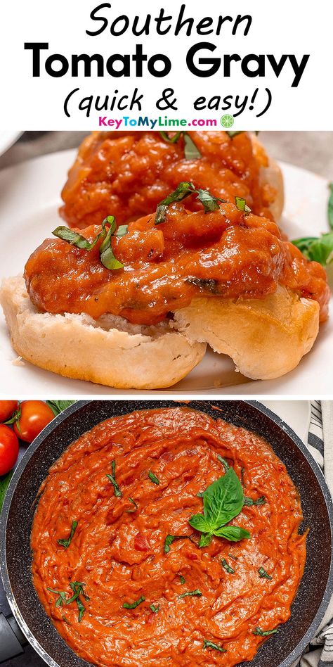 Two images of tomato gravy, with title text at the top. Tomatoe Gravy Recipe, Old Fashioned Breakfast, Tomato Gravy Recipe, Matzo Ball Soup Recipe, Pizza Sauces, Tomatoes Recipes, Southern Recipe, Tomato Gravy, Low Carb Vegetarian Recipes