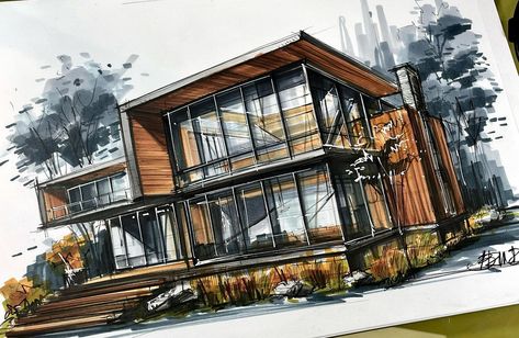 Buildings Sketch Architecture, Sketch Perspective, Architectural Render, Room Sketch, View Sketch, Sketch House, Interior Architecture Sketch, Exterior Sketch, Furniture Design Sketches