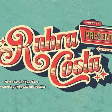 Rubra Costa font designed by ilhamtaro

#retro #oldschool #fonts #script #typography #design #webdesign #font #lettering #type #typeface #TTF Retro Type Design, 1930s Typography, 1950s Typography, Carnival Quotes, Retro Typeface, Script Typography Design, Fonts To Download, Retro Typography Design, Vintage Typeface