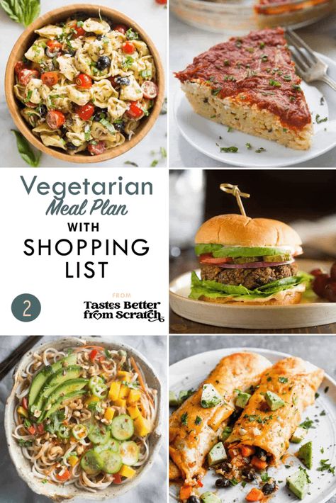 A 5 day Vegetarian Meal Plan with easy and healthy vegetarian dinner options and a free grocery shopping list; perfect for cooking on a budget. #mealplan #vegtarian #onabudget #tastesbetterfromscratch via @betrfromscratch Vegetarian Weekly Meal Plan, Veggie Meal Plan, Healthy Vegetarian Meal Plan, Delicious Vegetarian Dinner, Vegetarian Diet Plan, Vegetarian Meal Prep, Vegetarian Meal Plan, Healthy Vegetarian Dinner, Vegetarian Menu