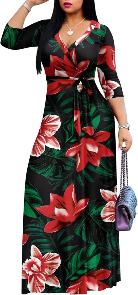 AOMONI Women's Maxi Floral Print Casual 3/4 Sleeve V-Neck Wrap Tie Waist Long Dress Red Flower Leaf Large at Amazon Women’s Clothing store Long Red Dress, Flower Leaf, Women Maxi, Neck Wrap, Red Flower, Amazon Women, Dress Red, Red Flowers, Clothing Store