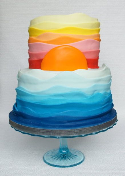 Ocean Meets the Sunset birthday cake Sunset Cakes Ideas, Sunset Cake Ideas Birthday, Birthday Cake Ocean Theme, Sunset Cake Design, Sunset Cupcakes, Sunset Birthday Cake, Cupcake Techniques, Waves Cake, California Cake