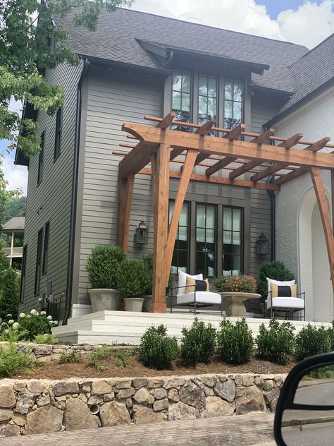 Wooden Pergola Attached To House, Pergola Coming Off House, Front Of House Pergola, Front Yard Pergola Porch Ideas, Porch Overhang Ideas, Front Yard Pergola, Pergola Front Porch, Front Door Pergola, Beige House Exterior