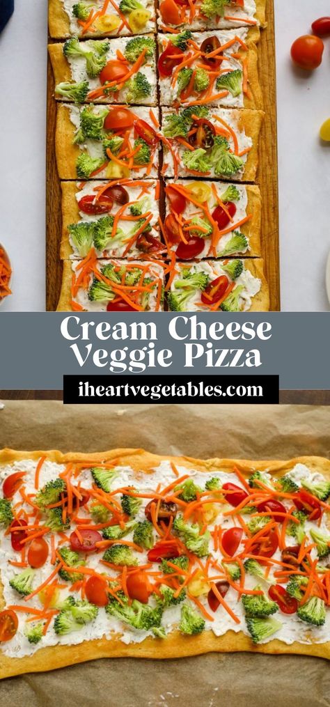 This cream cheese veggie pizza is topped with plenty of fresh veggies for an easy, healthy appetizer or snack! It can be served chilled or at room temperature so it’s perfect for a party! Vegetable Pizza With Cream Cheese, Veggie Pizza With Cream Cheese, Homemade Veggie Pizza, Pizza With Cream Cheese, Room Temperature Appetizers, Stromboli Recipes, Pizza Appetizers, Healthy Appetizer, Meatless Recipes