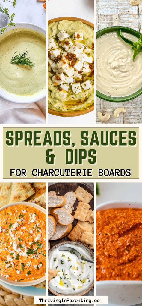 a collage of best dips and sauces for charcuterie baords Whole Foods Charcuterie Board, Olive Board Appetizers, Charcuterie Board Condiments, Dips Charcuterie Board Ideas, Charcuterie Board Ideas Dips, Charcuterie Board Sauces And Dips, Charcuterie Dip Board, Dips And Spreads For Charcuterie Board, Charcuterie Board Spreads And Dips