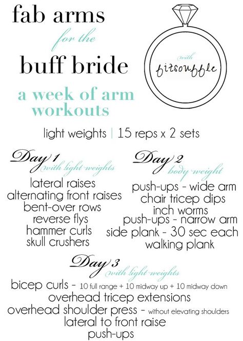 I can’t believe how quickly our wedding is approaching – we’re officially less than one month out from our big day in Italy! Unfortunately, moving cross-country just two months before the wedding has meant not stepping foot into a gym since February. I’ve done well at staying active and getting my sweat on most days … Wedding Dress Workout, Wedding Arms, Wedding Workout Plan, Bridal Bootcamp, Bridal Workout, Bride Workout, Wedding Workout, Fitness Fun, Before The Wedding