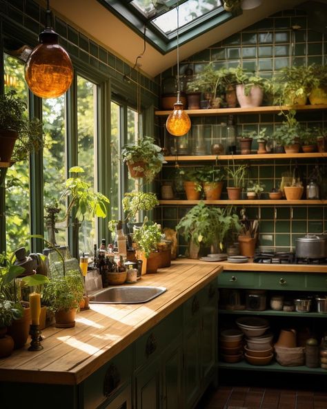 Kitchen plants >>>>> #goodrootscollective Aesthetic Kitchen With Plants, Green Kitchen With Plants, Kitchen Greenhouse, Big Kitchen Ideas, Greenhouse Kitchen, Plants Kitchen, Cozy Kitchens, Kitchen Color Palettes, Cardboard Cat House