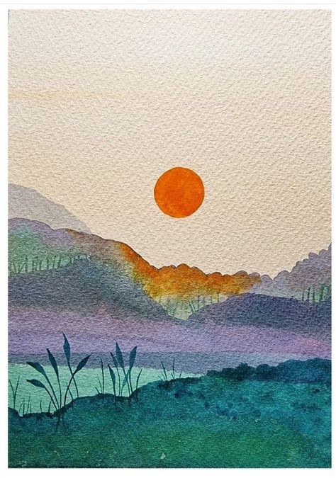 Water Paint Landscape, Water Colour Land Scapes Easy, Sunrise Watercolor Painting Easy, Easy Landscape Painting Watercolors, Watercolor Art Night, Watercolor Art Ideas Easy Simple, Landscape Watercolor Paintings Easy, Simple Watercolor Art For Beginners, Easy Watercolor Paintings Landscapes