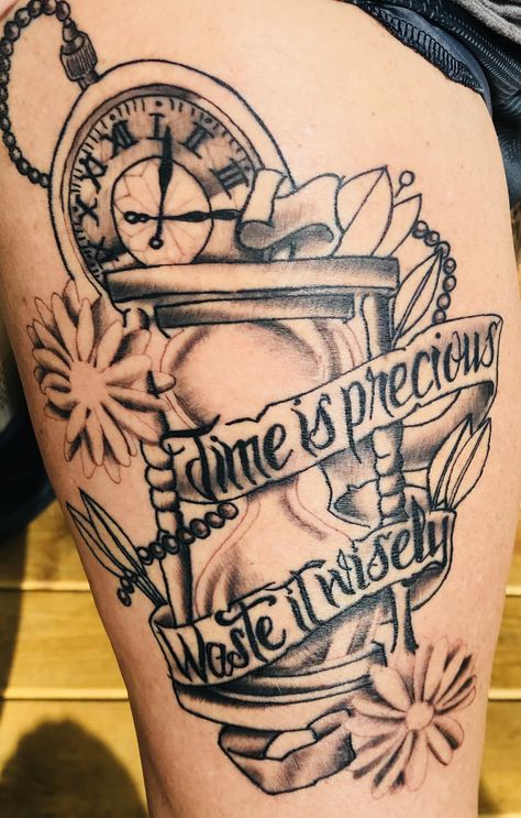 Time Is Relative Tattoo, Time Is A Thief Tattoo, Time Is Limited Tattoos, Time Is Precious Tattoo, Precious Tattoo, Porch Awning, Time Is Precious, Forarm Tattoos, Tattoos For Black Skin