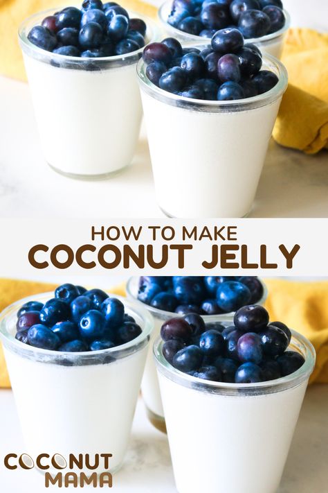 Coconut jelly is a tasty dessert that's made with fresh coconut water, coconut milk, gelatin, and sugar. It's topped with fresh fruit and is a delicious coconut dessert. Coconut Gelatin Recipes, Melo Melo Coconut Jelly, Fresh Coconut Recipes, Coconut Milk Jello, Coconut Jelly Recipe, Milk Gelatin, Coconut Jello, Fresh Coconut Water, Gummy Snacks