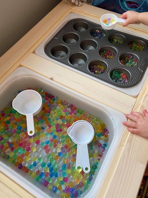 Montessori Sensory Table, Flisat Ikea Table Activities, Ikea Flisat Sensory Table Ideas, Toddler Sensory Table Ideas, Trofast Activities, Sensory Table Activities Toddlers, Montessori Sensory Bins, Sensory Tables For Preschool, Trofast Sensory Table