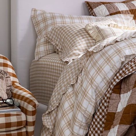 Layered Bedding Ideas, Gingham Sheets, Heather Taylor, Plaid Bedding, Fall Bedding, Gingham Linen, Patterned Bedding, Quilted Sham, Bedroom Aesthetic