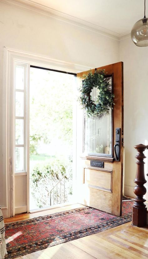 Dressing Up a Drab Front Door and Keeping the Charm of an Older Home Milk Can Decor, Victorian Front Doors, Front Door Makeover, Farmhouse Front Door, French Doors Patio, Brown Leather Sofa, Farmhouse Front, Front Door Colors, Glass Front Door