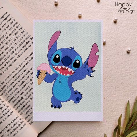 Stitch, acrylic painting, cartoon art, polaroid painting Stitch Painting Canvases Easy, Stitch Acrylic Painting, Lilo And Stitch Painting, Stitch Canvas Painting, Painting Doodles, Stitch From Lilo And Stitch, Polaroid Painting, Stitch Painting, Art Markers Drawing